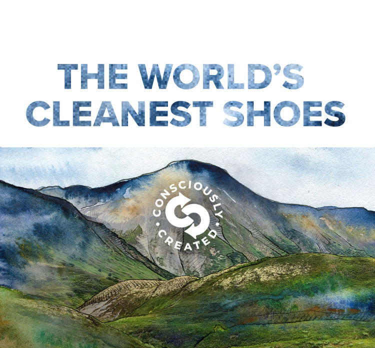 Illustration of mountains and Targhee hiking boot with blue text that reads "The World's cleanest shoes"