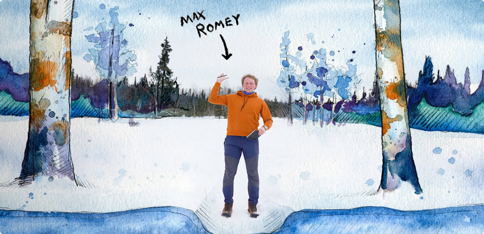 A watercolor painting of a man, labeled Max Romey, standing in a snowy forest and waving. 